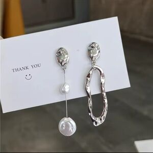 Modern Silver Asymmetrical Earrings with Pearl Accents